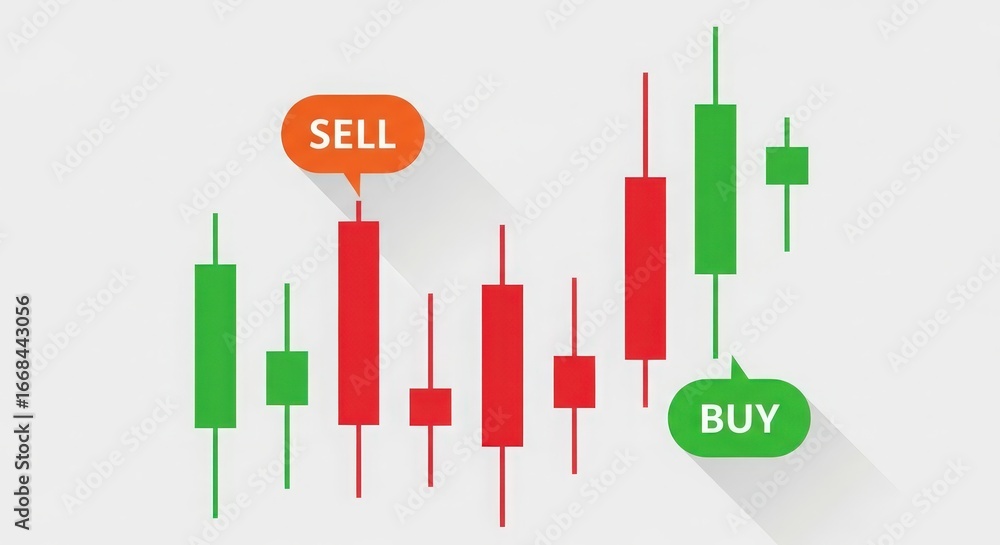 Poster financial trading chart with buy and sell indicators in a minimalistic design on a white background