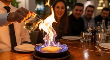 Naklejka premium Flaming Greek Saganaki Cheese Served Tableside, Traditional Ouzo Flambé