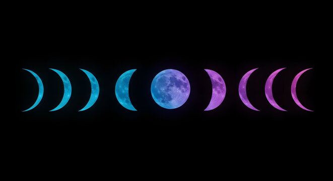 A sequence of moon phases, transitioning from blue to purple, displayed against a dark background, showcasing lunar progression. - Powered by Adobe