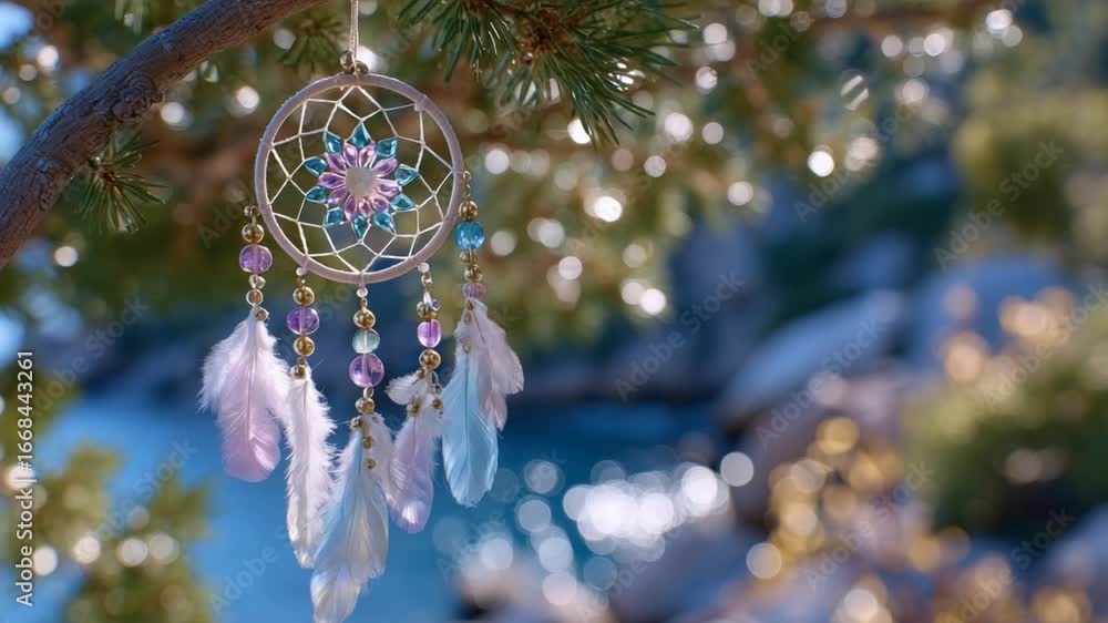 Poster capture the essence of boho style with a dreamcatcher elegantly hanging on a tree branch, illuminate