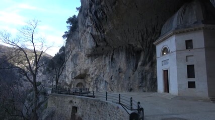 Temple of Valadier church near Frasassi caves of Genga. Rock church inside a cave. Marche, Italy. 4k footage