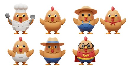 Naklejka premium Collection of cartoon chicken characters in various professions