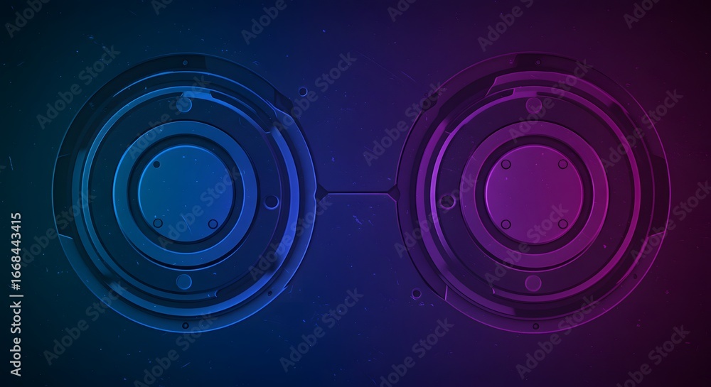 Poster abstract illustration of two interconnected circular elements with intricate geometric patterns, ill