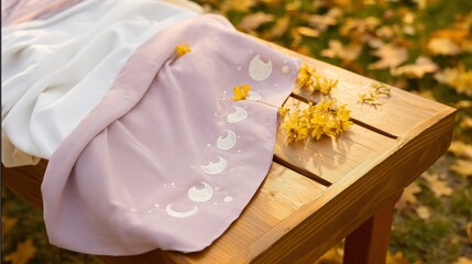 A silk hanfu sleeve embroidered with moon phases, draped over a wooden bench with scattered osmanthus blossoms.