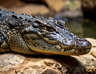 Close-up of a crocodile's head, showcasing intricate scales and sharp teeth resting on a rocky surface.