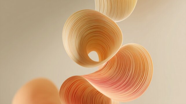 Abstract spiral curves with gradient orange, pink and beige tones, forming 3D organic shapes as artistic texture for wallpaper, decor and modern design background.