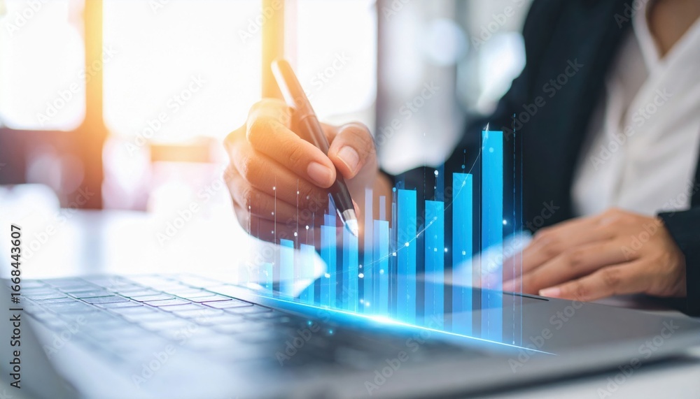 Poster a business professional analyzes data trends using a digital interface, highlighting growth through 