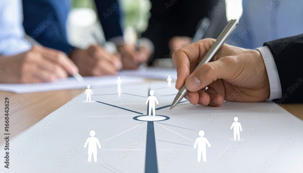 Poster a hand draws connections on a paper while others collaborate, symbolizing teamwork and project devel