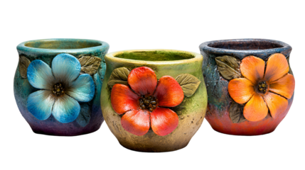 Three handcrafted flower pots vibrant colors beautiful design