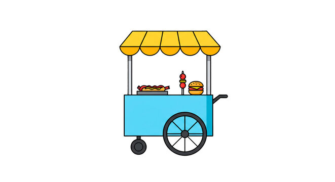 Food cart hotdog burger vendor street food stand mobile kitchen fast food restaurant yellow canopy design on transparent background