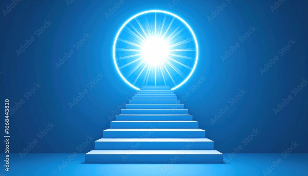 Poster a surreal staircase leads to a glowing circular light, creating a mystical and ethereal atmosphere.