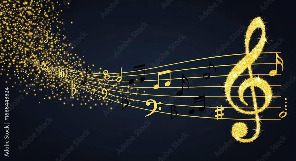 Poster golden musical notes flowing elegantly against a dark background, creating a festive and dynamic atm