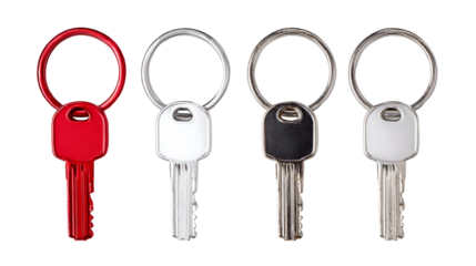 Four keys in red silver black and white on black background