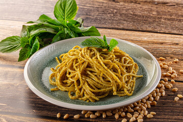 Italian green pasta with pesto sauce