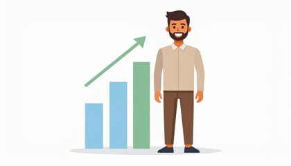 A cheerful man stands beside a bar graph with an upward trend, symbolizing growth and progress.