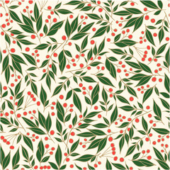 Seamless Pattern of Christmas Mistletoe and Red Berries, Christmas Traditional Pattern, Christmas wrapping paper- Christmas Vector Illustration