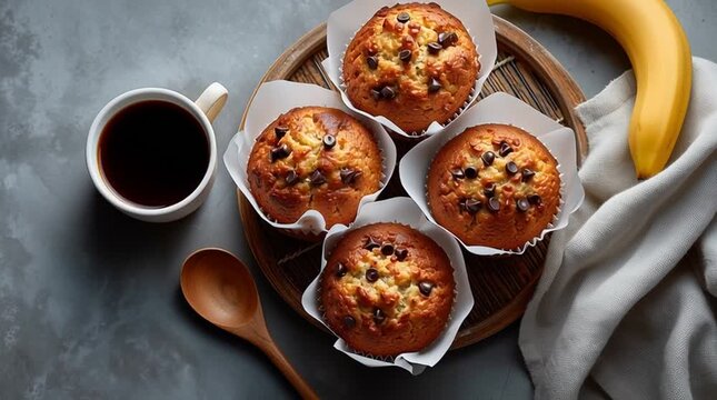 Overhead view of homemade banana chocolate chip muffins on a wooden tray with coffee