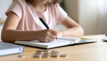 A child writes in a notebook with a pen, surrounded by coins and books, capturing a moment of focus and creativity.