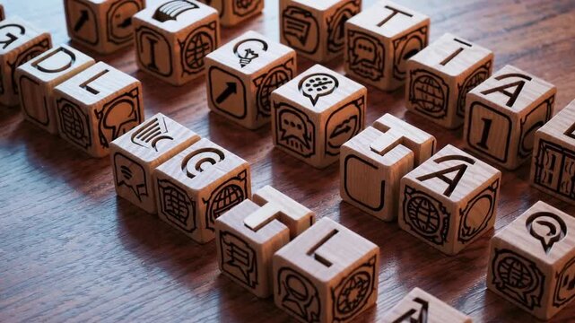 Digital Strategy Concept with the Word Digital on Wooden Cubes and Education Icons