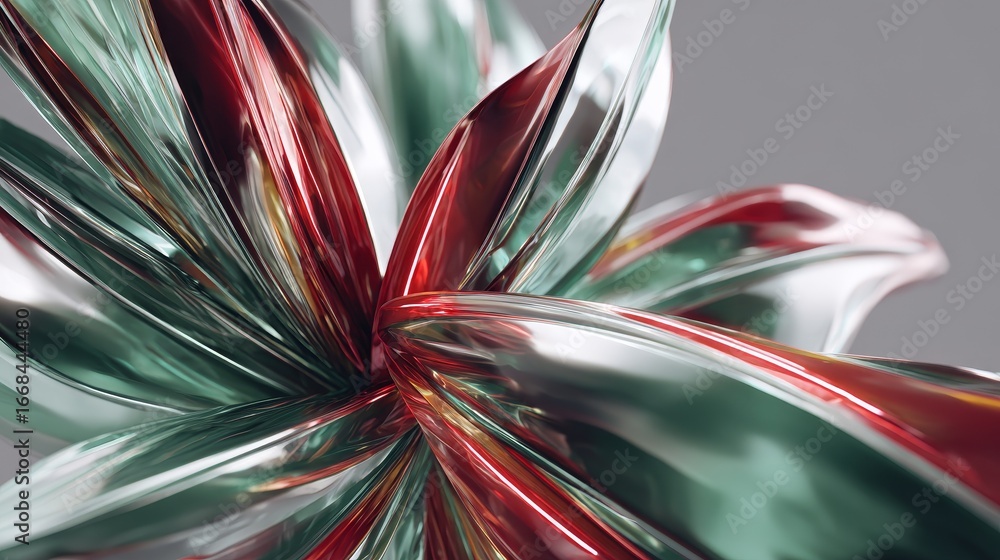 Poster futuristic 3d abstract object with metallic waves and sharp organic shards, polished chrome emerald 
