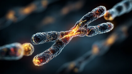 A stylized visualization of a chromosome with glowing caps protecting the telomeres to halt the aging process.