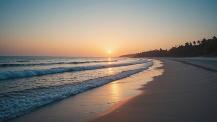 Tranquil Beach at Sunrise with Gentle Waves and Lush Palm Trees on the Coast