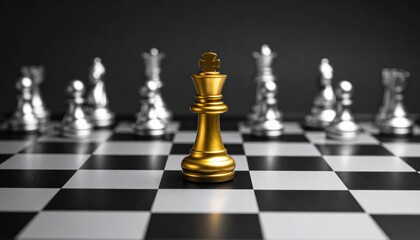 A golden king chess piece stands out against a backdrop of silver pieces on a black and white chessboard, symbolizing strategy and competition.