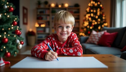 A little boy sits at a table with a pen in his hand and writes a letter to Santa Claus, smiling. Christmas decor in the room, Christmas tree.