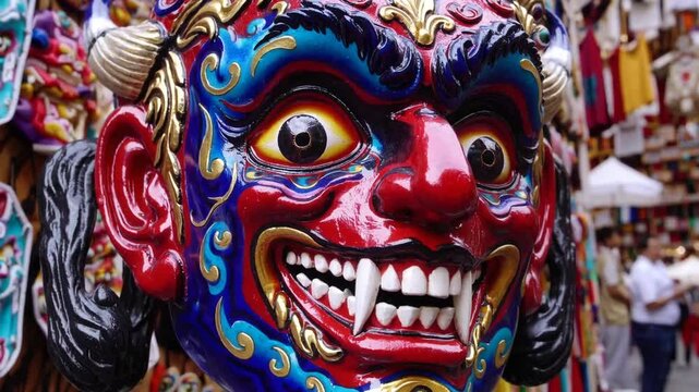 Handcrafted Folk Art Devil Mask with Exaggerated Features Displayed in Traditional Market