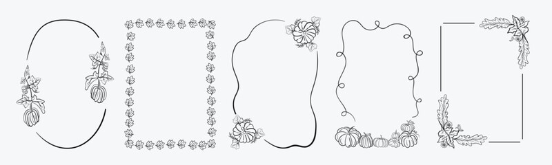 Autumn Pumpkin Frames Clipart a whimsical hand-drawn line art style, Fall Leaf Borders, Hand Drawn Thanksgiving Frames, Botanical Line Art Illustration.