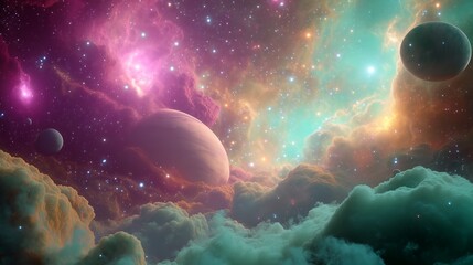 Vibrant clouds and bright stars fill the sky with planets floating in glowing nebulae