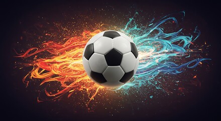 Naklejka premium Energy waves – a soccer ball surrounded by abstract colorful waves symbolizing motion and power.
