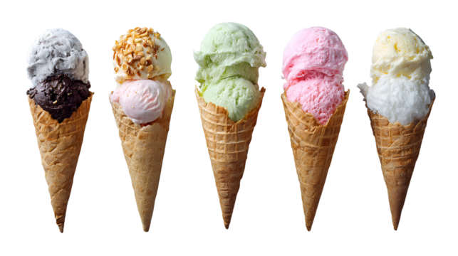 Five delicious ice cream cones assorted flavors