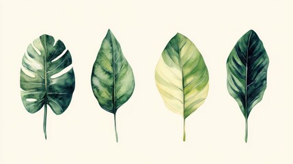 Watercolor Illustration of Various Tropical Leaves on Light Background