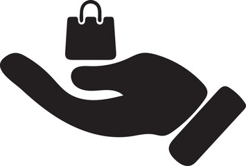 Hand Offering Shopping Bag: Simple Black Icon, Minimalist Style, E-commerce Concept