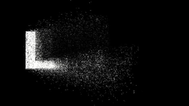 Disappearing English alphabet L into small particles on plain black background