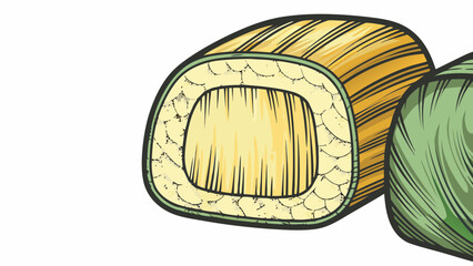 Close up illustration of tamagoyaki sushi roll with visible rice and seaweed wrapper design element
