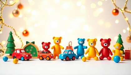 Fototapeta premium Christmas children's background with teddy bears, cars sitting in the snow with Christmas balls. There are lights on the side in the background. Space for the text.