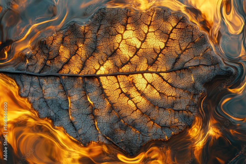 Poster a dried leaf, illuminated from within, floats on a swirling, fiery liquid.