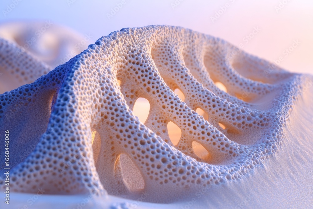 Poster abstract 3d render of a porous, dna-like structure, showcasing intricate details and soft lighting.