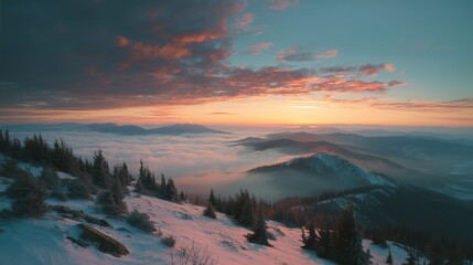 The rising sun casts warm hues on snowy mountains overlooking a vast cloud inversion