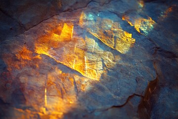 Ancient petroglyphs etched into a rough, dark stone surface, illuminated by warm, golden light.
