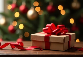 A gift box with a red bow on the background of a Christmas tree with lights, a place for text. 