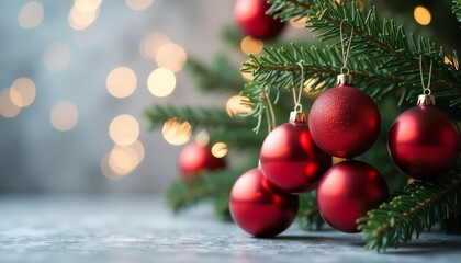 There are red Christmas balls hanging on the green Christmas tree, the garland is glowing, the lights are on, a gray background with gold sparkles, a place for text. Christmas background.