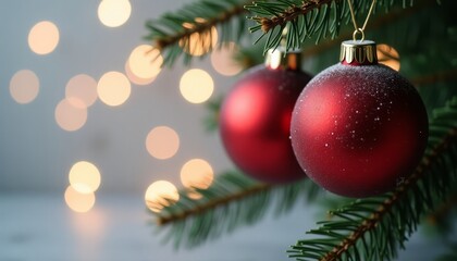 There are red Christmas balls hanging on the green Christmas tree, the garland is glowing, the lights are on, a gray background with gold sparkles, a place for text. Christmas background.