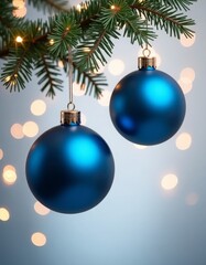 Blue Christmas balls are hanging on a green Christmas tree, a garland is glowing, lights are on, a gray background with gold sequins, a place for text. Christmas background.