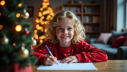 A little girl sits at a table with a pen in her hand and, smiling, writes a letter to Santa Claus. Christmas decor in the room, Christmas tree.