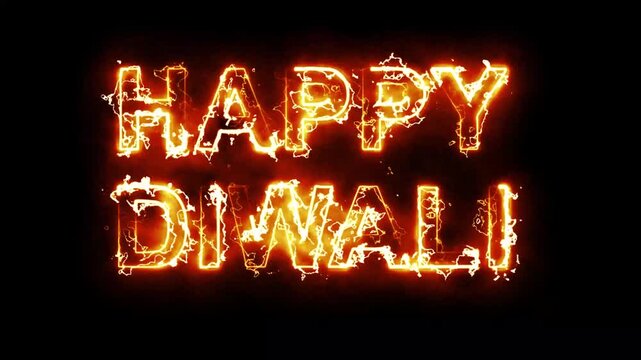 Happy Diwali text with fire energy sparks on plain black background