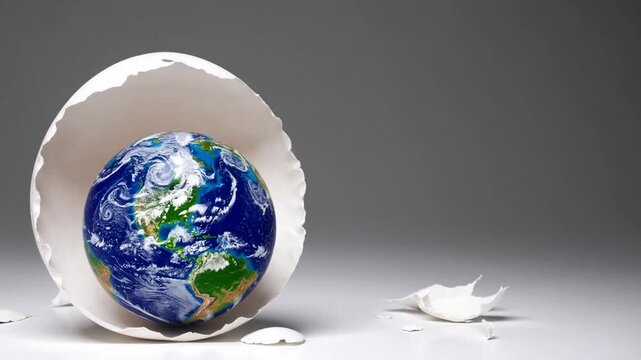 The genesis of our world depicted through symbolic broken eggshell revealing the terrestrial sphere within on plain white surface