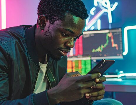 Focused young man analyzes market data on his smartphone in a vibrant, neon-lit digital trading environment, embodying modern financial technology - Powered by Adobe